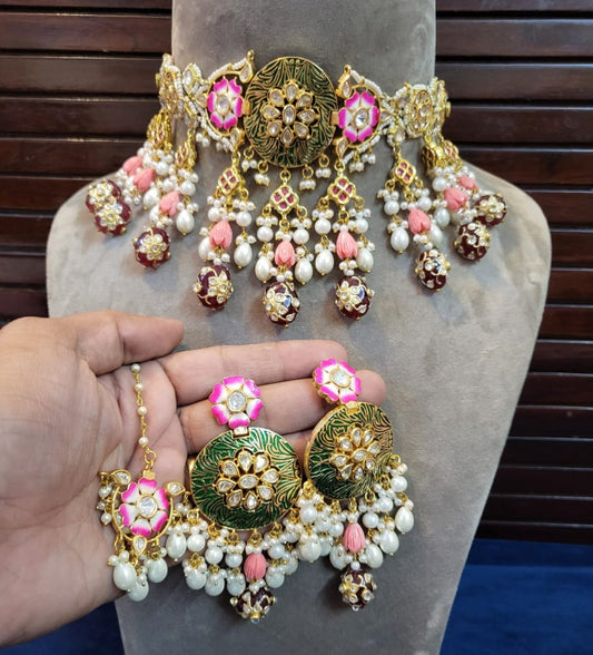 Abhiksha choker set in maroon drops with earrings and maang tikka