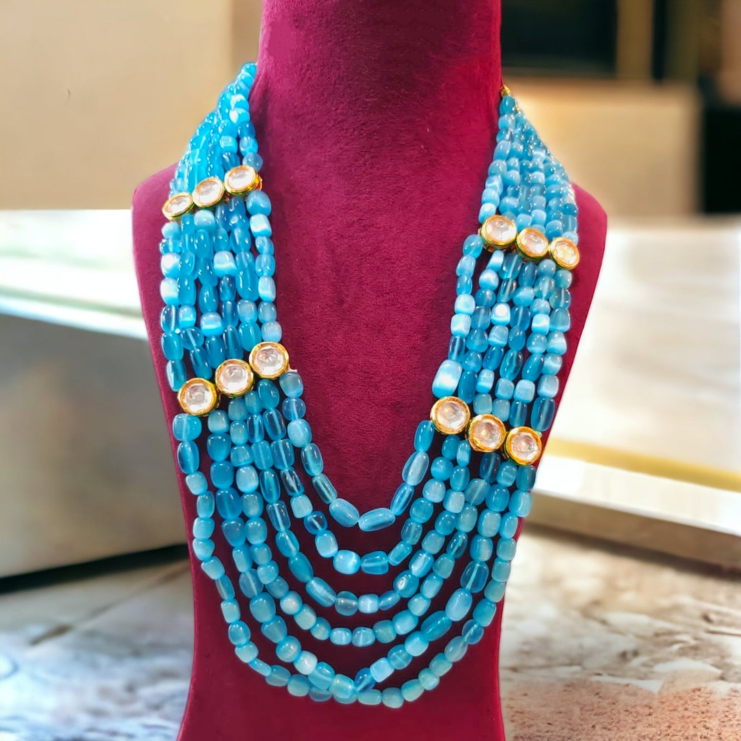 Cylindrical monalisa layered groom necklace in blue color