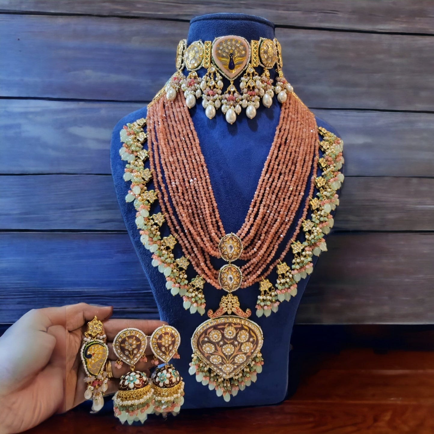 Samantha wedding set with Jhumkis and tikka in peach color