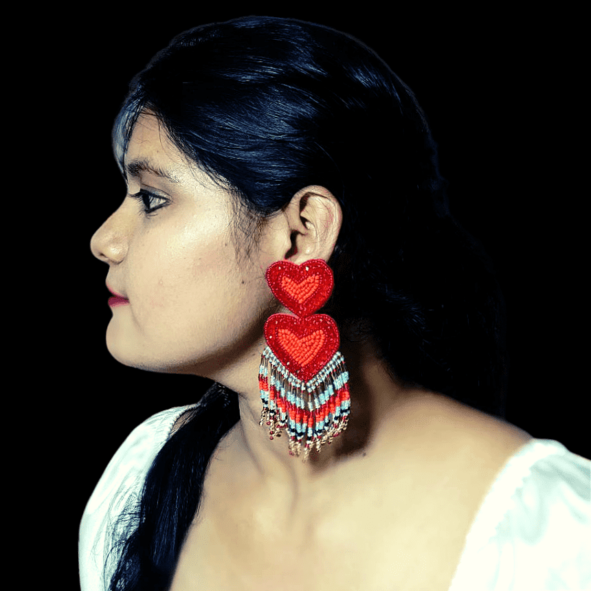 Red Heart Shaped Beaded Earrings