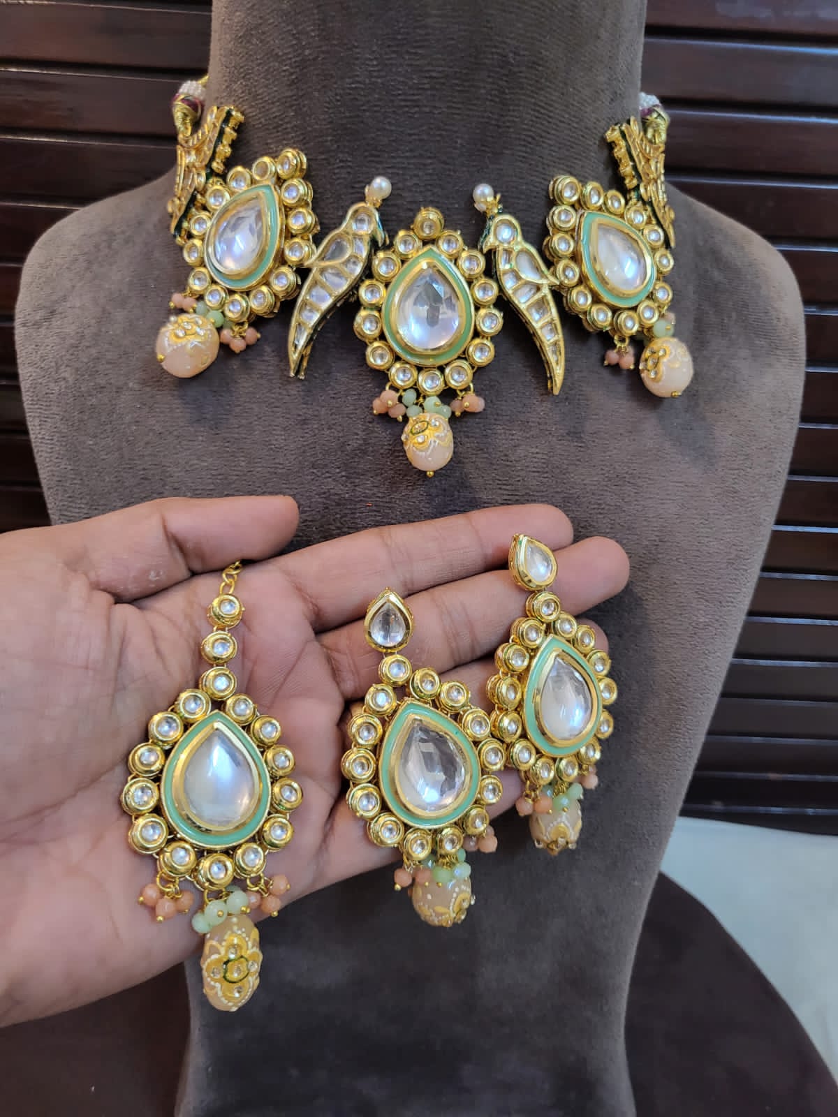 Parrot Necklace with earrings and maang teeka with peach gold painted stone