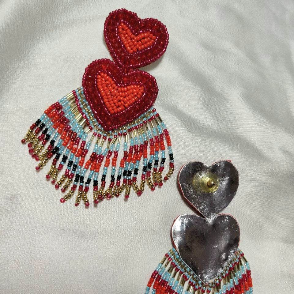 Red Heart Shaped Beaded Earrings