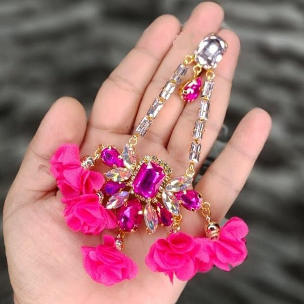 floral jhoomer danglers in hot pink color