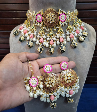 Abhiksha choker set in green drops with earrings and maang tikka