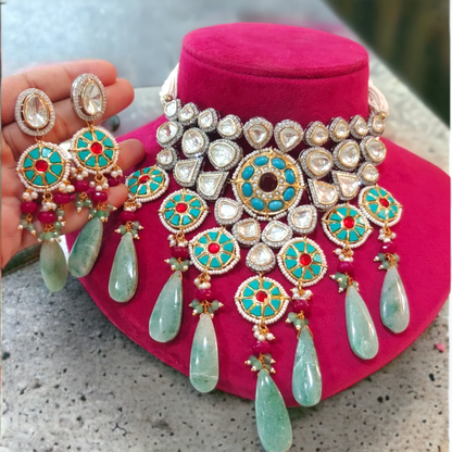 Fusion uncut polki necklace set in emerald color