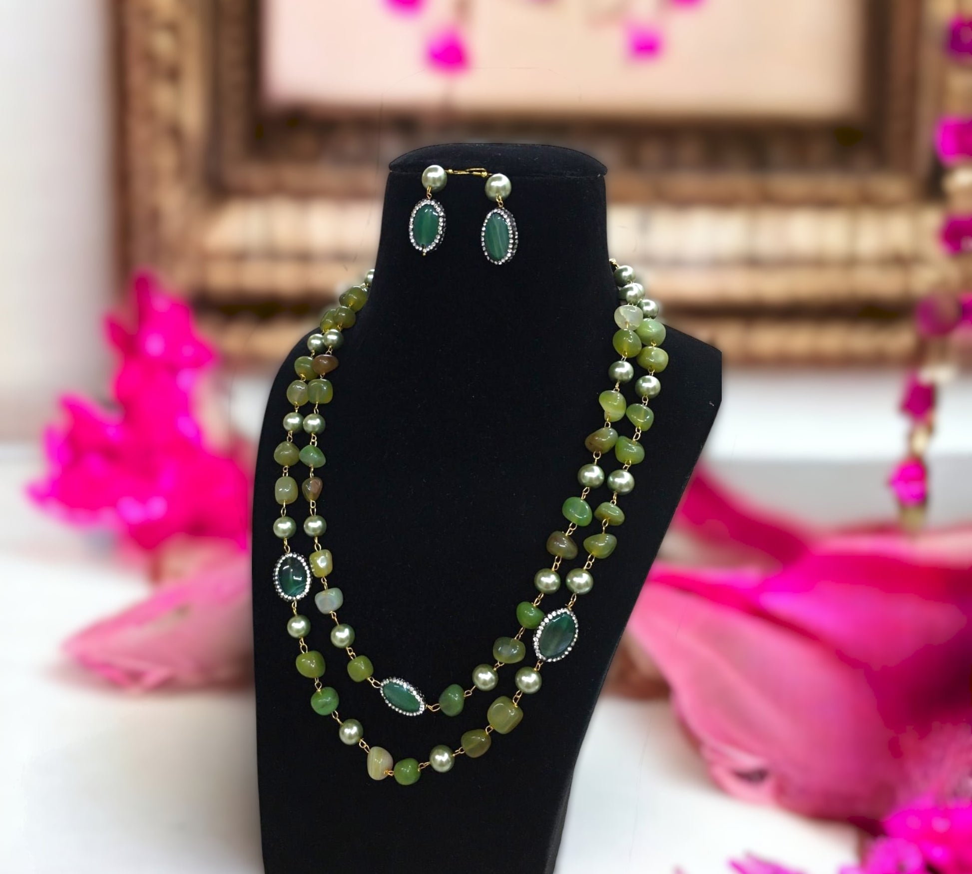 Agate semi precious mala in green color stones