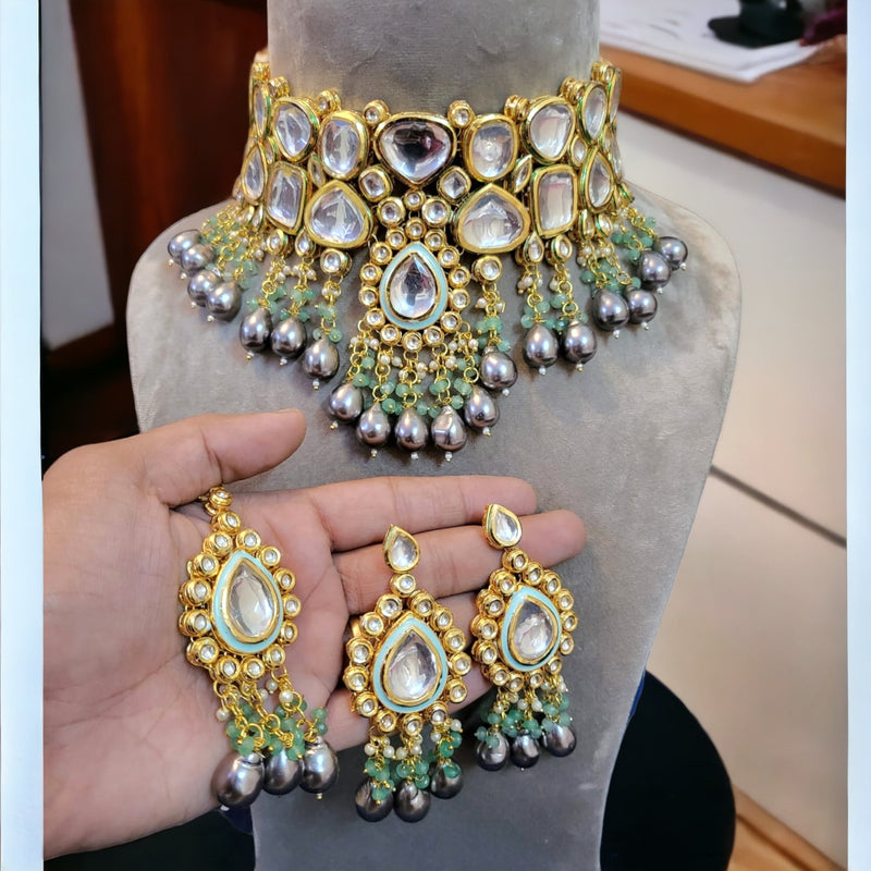 Akshara semi-precious necklace set with earring and tikka in gray mother of pearl drops