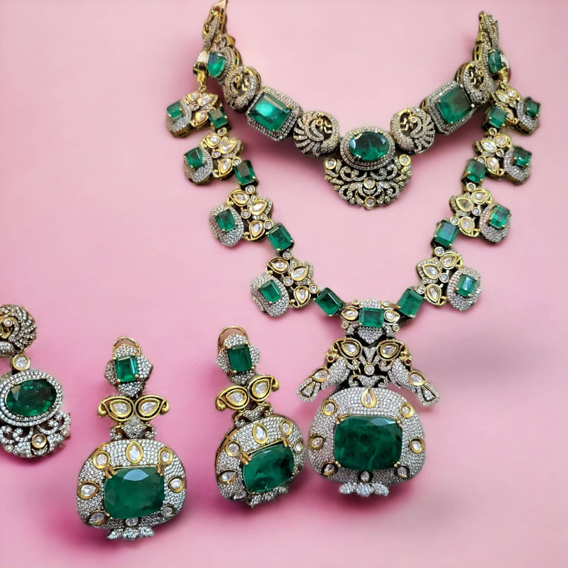 Green emerald princess necklace set with earring and maang tikka