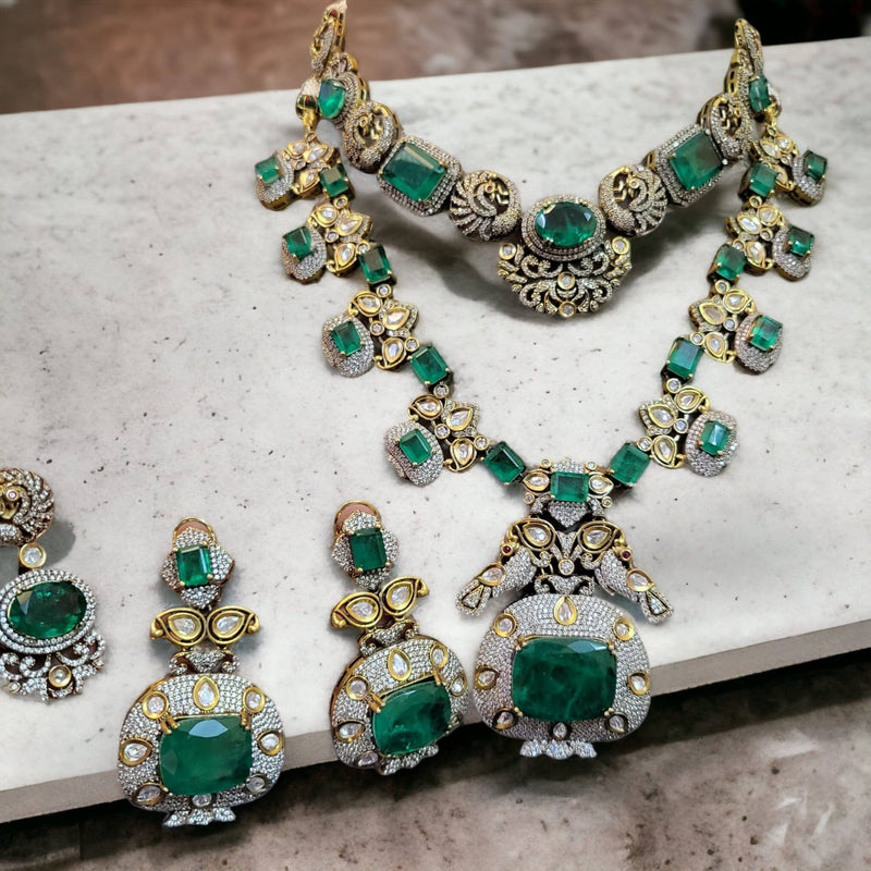 Green emerald princess necklace set with earring and maang tikka - 2