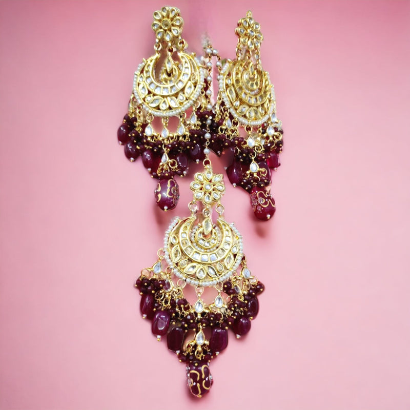 Zeenat kundan Teeka and Earrings combo in maroon color