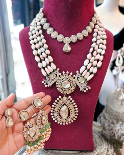 Nandini semi precious necklace set in pink quartz color
