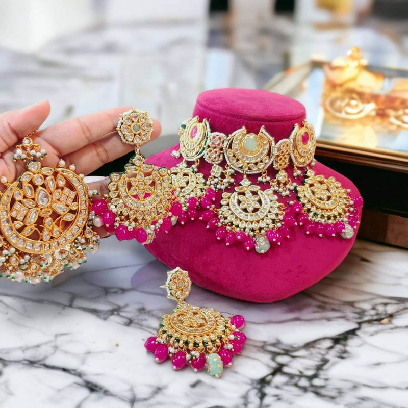 Ratna kundan necklace set with oversized tikka and chand bali style earrings in hotpink color