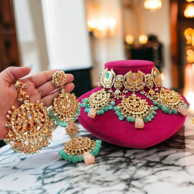 Ratna kundan necklace set with oversized tikka and chand bali style earrings in mint color