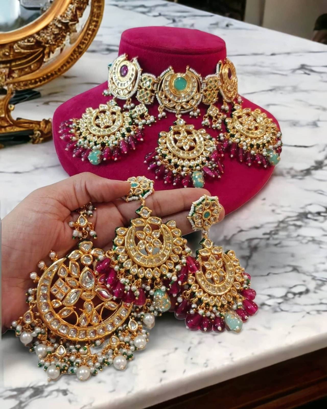 Ratna kundan necklace set with oversized tikka and chand bali style earrings in ruby color