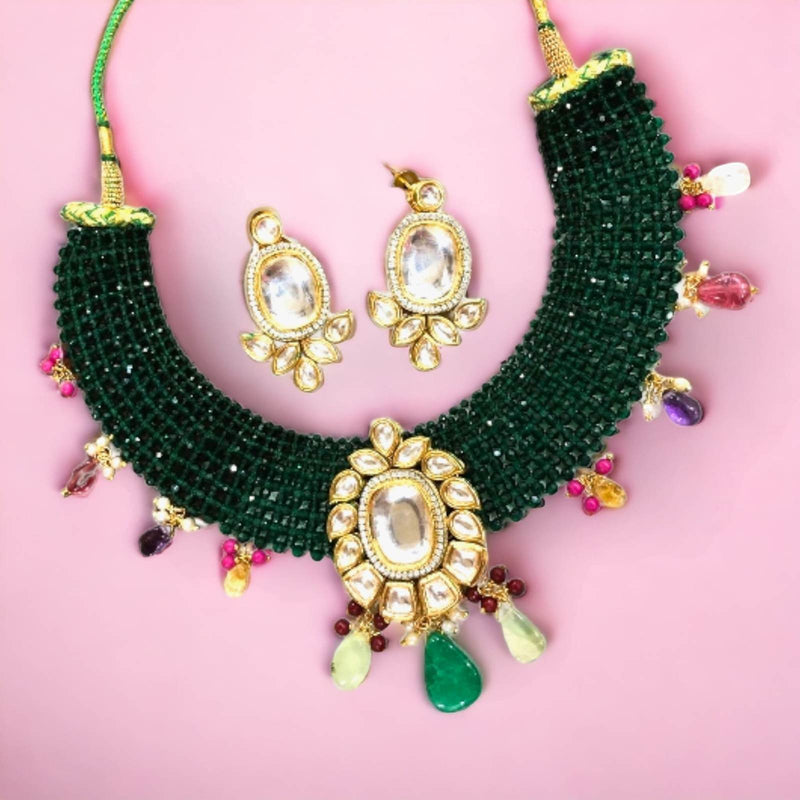 Sheela hydro kundan necklace with earring in green color