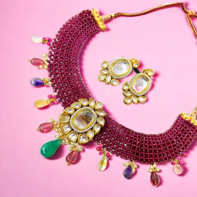Sheela hydro kundan necklace with earring in ruby multistone color