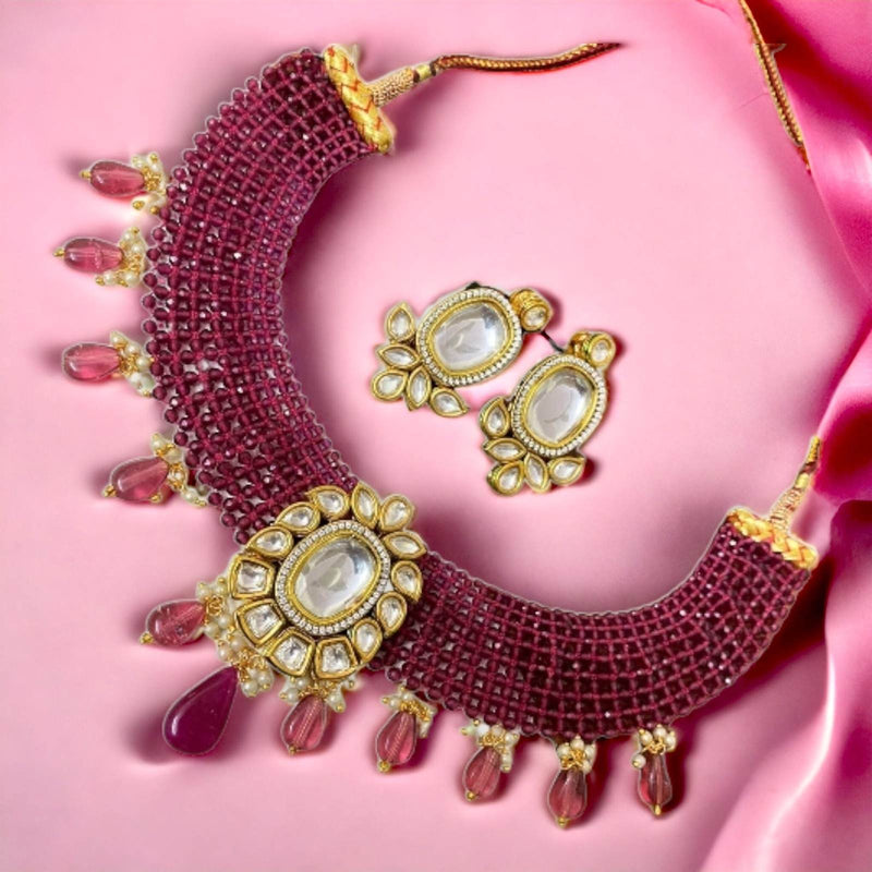 Sheela hydro kundan necklace with earring in ruby color