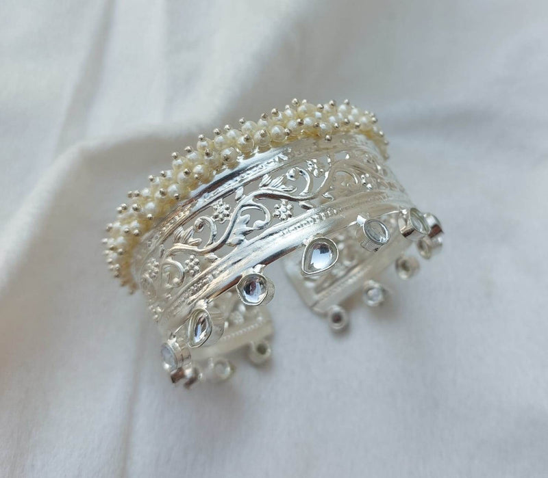silver bangles made with kundan & pearl top side