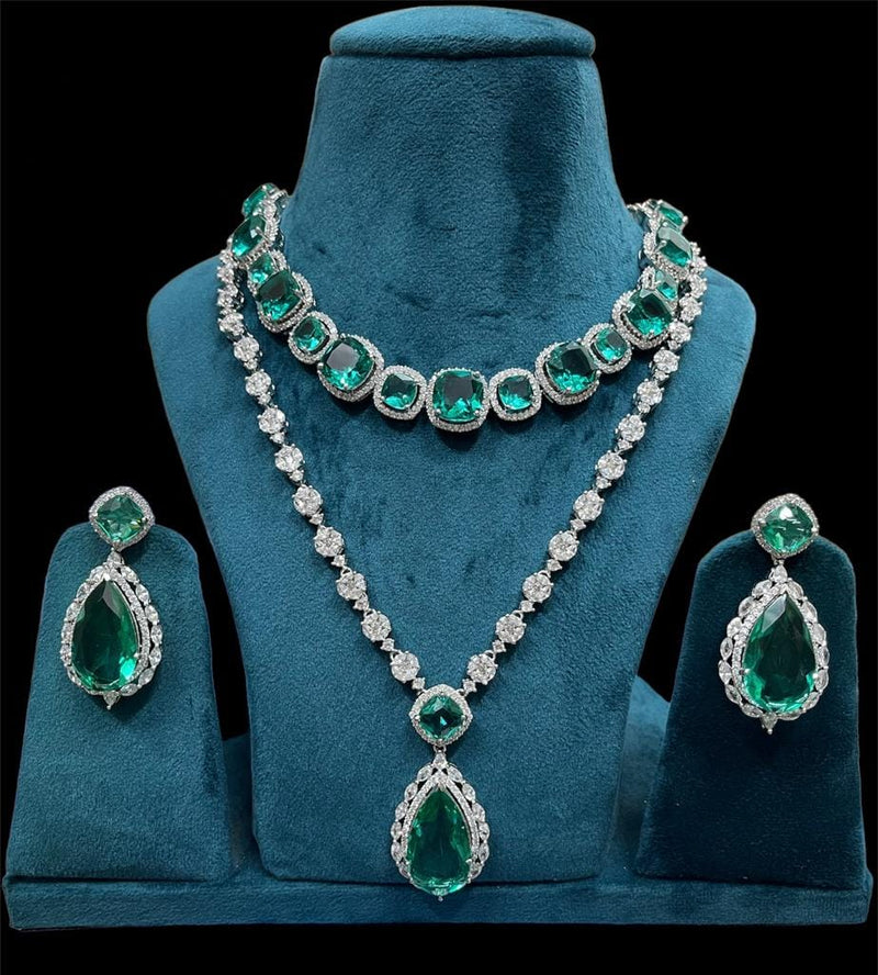 A display neck stand of American Zirconia Diamond silver layered Cushion Necklace set With Earrings.