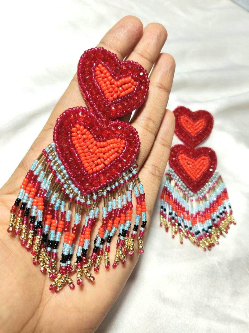 Red Heart Shaped Beaded Earrings