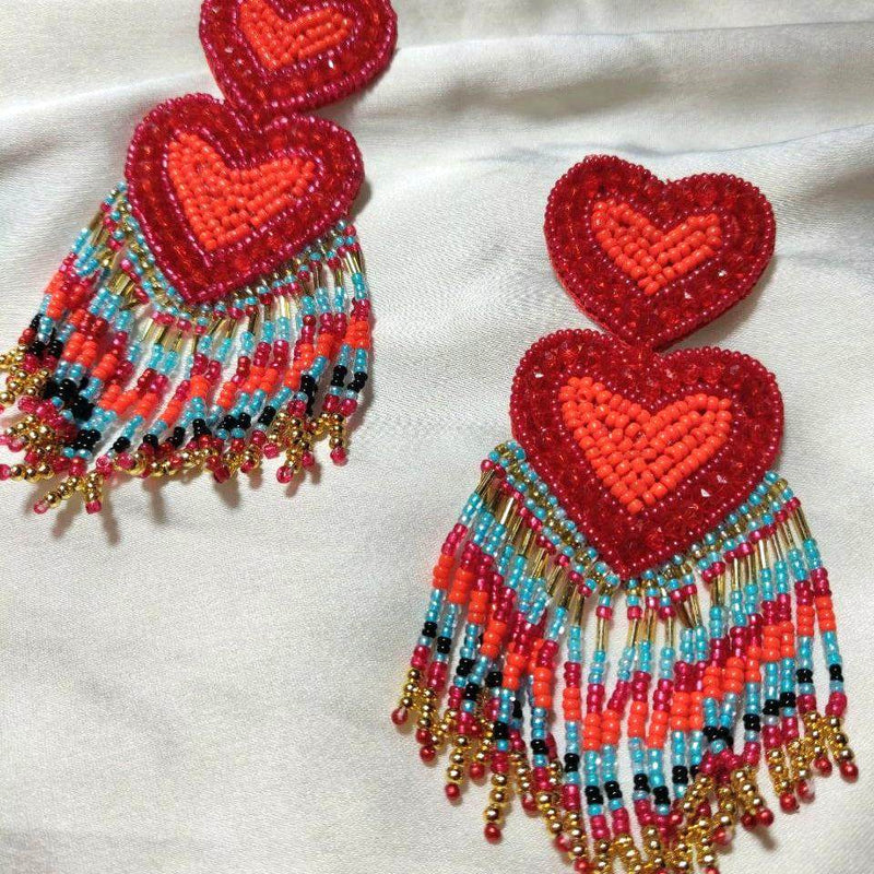 Red Heart Shaped Beaded Earrings
