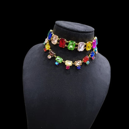 dual layer Multicolor crystal choker necklace set
