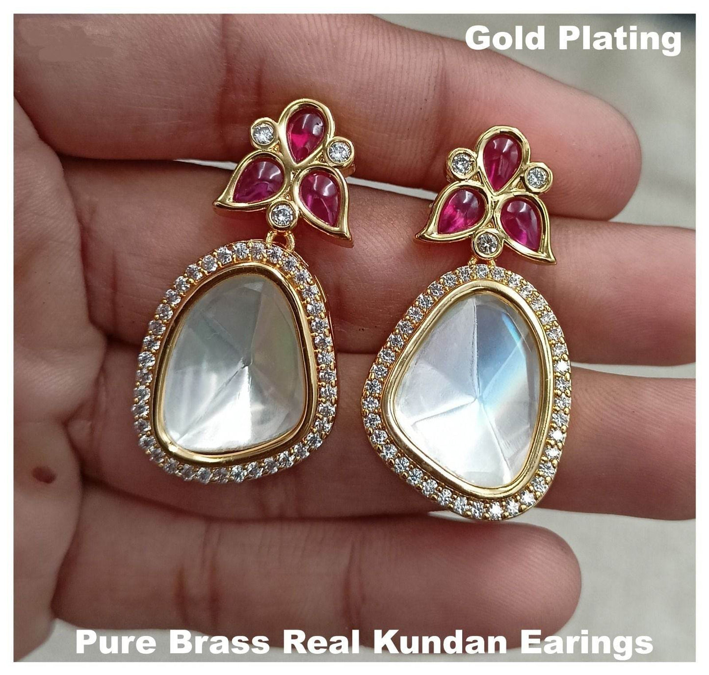 gold plating pure brass real kundan earrings in ruby color