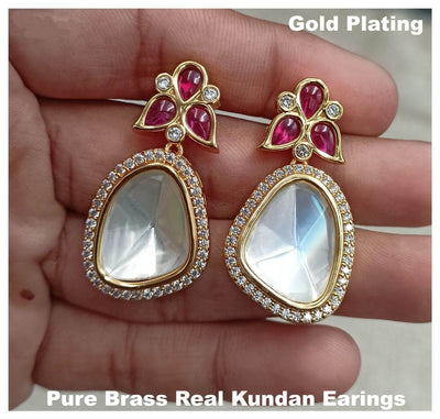 gold plating pure brass real kundan earrings in ruby color