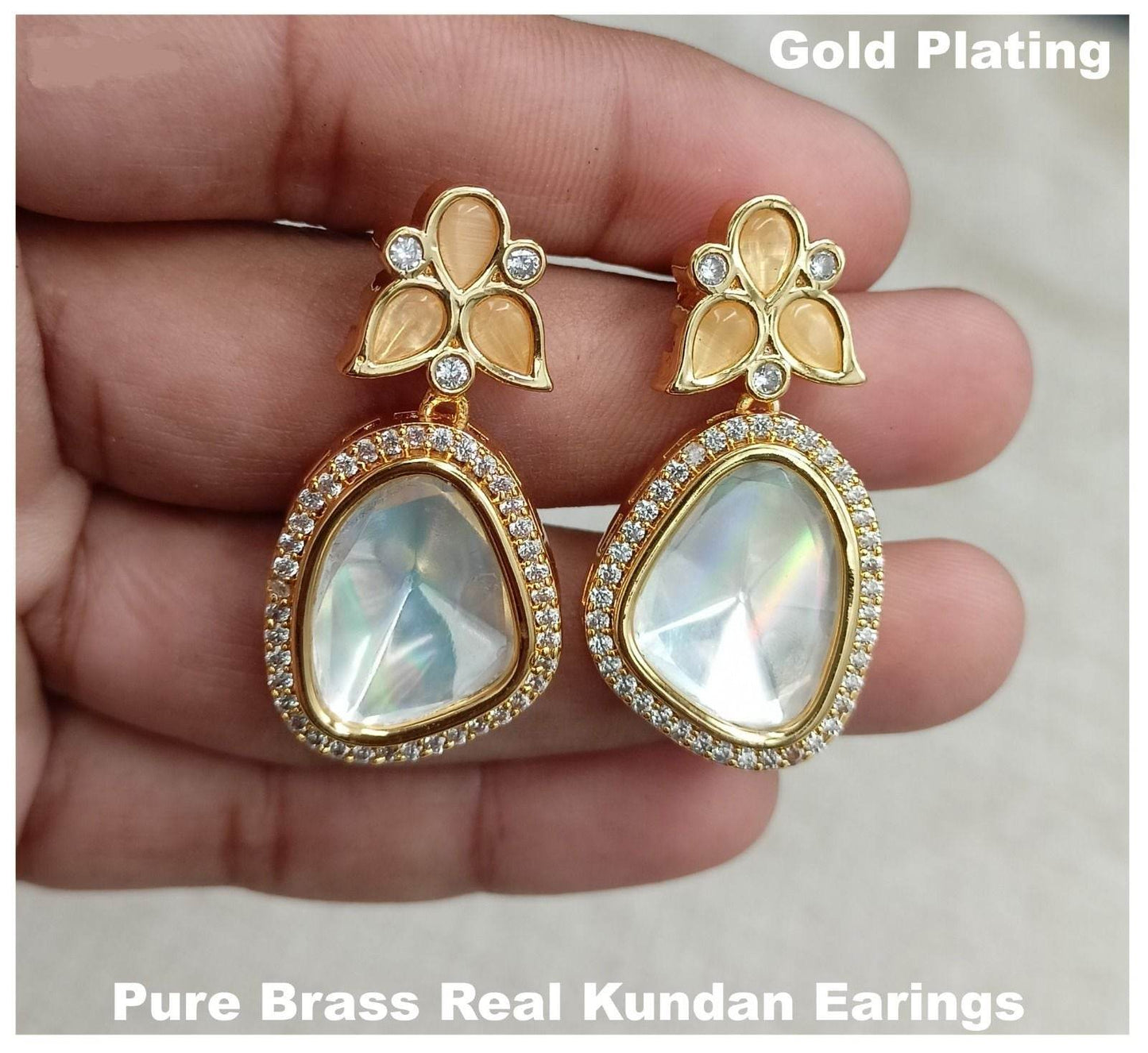 gold plating pure brass real kundan earrings in amber color