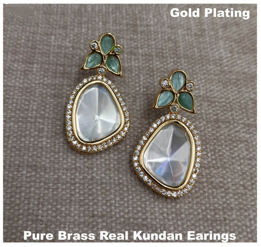 gold plated pure brass real uncut kundan earrings in  mint color