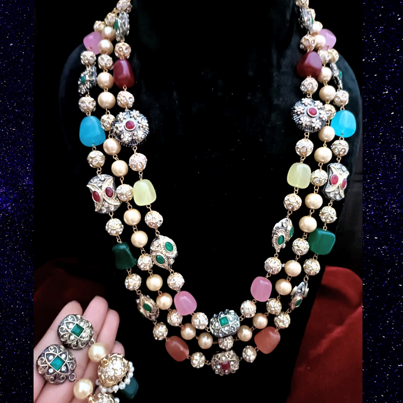 diya neck layer long multicolor necklace and earring
