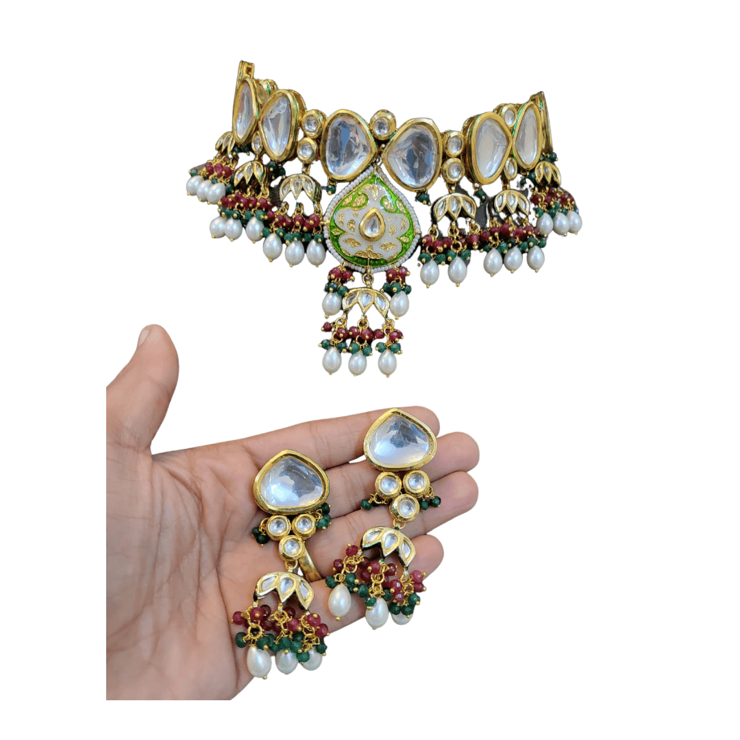 astha kundan necklace set  in green color
