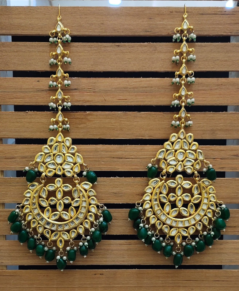 baano kundan jhoomer earrings in green color