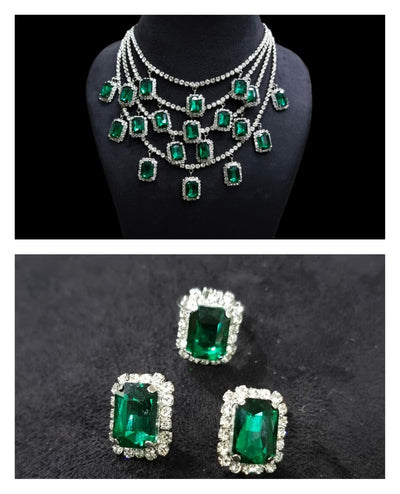 shreya multi layered zircon necklace in green color with stud and ring