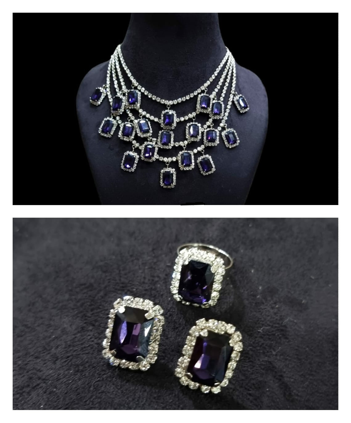 shreya layered zircon neckpiece in indigo color with stud and finger ring