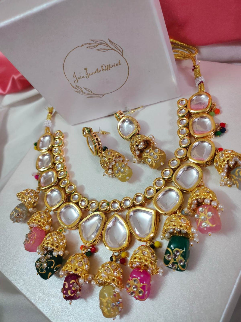 kundan jhumki necklace and earrings with stones in multi colour 