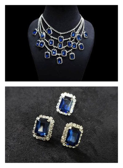 shreya multi layered zircon necklace in navy blue color with stud and ring