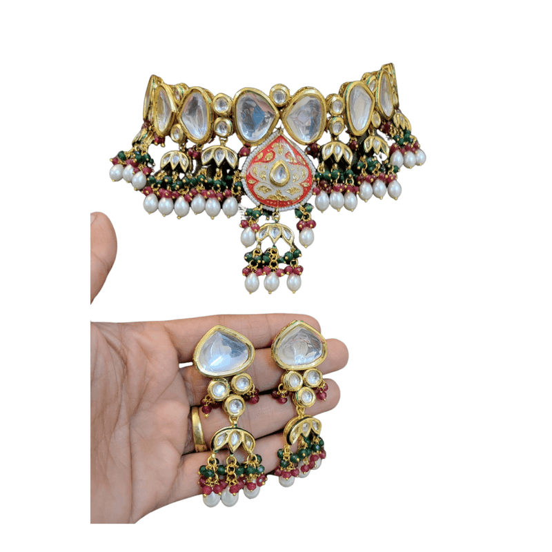 astha kundan necklace set in red color